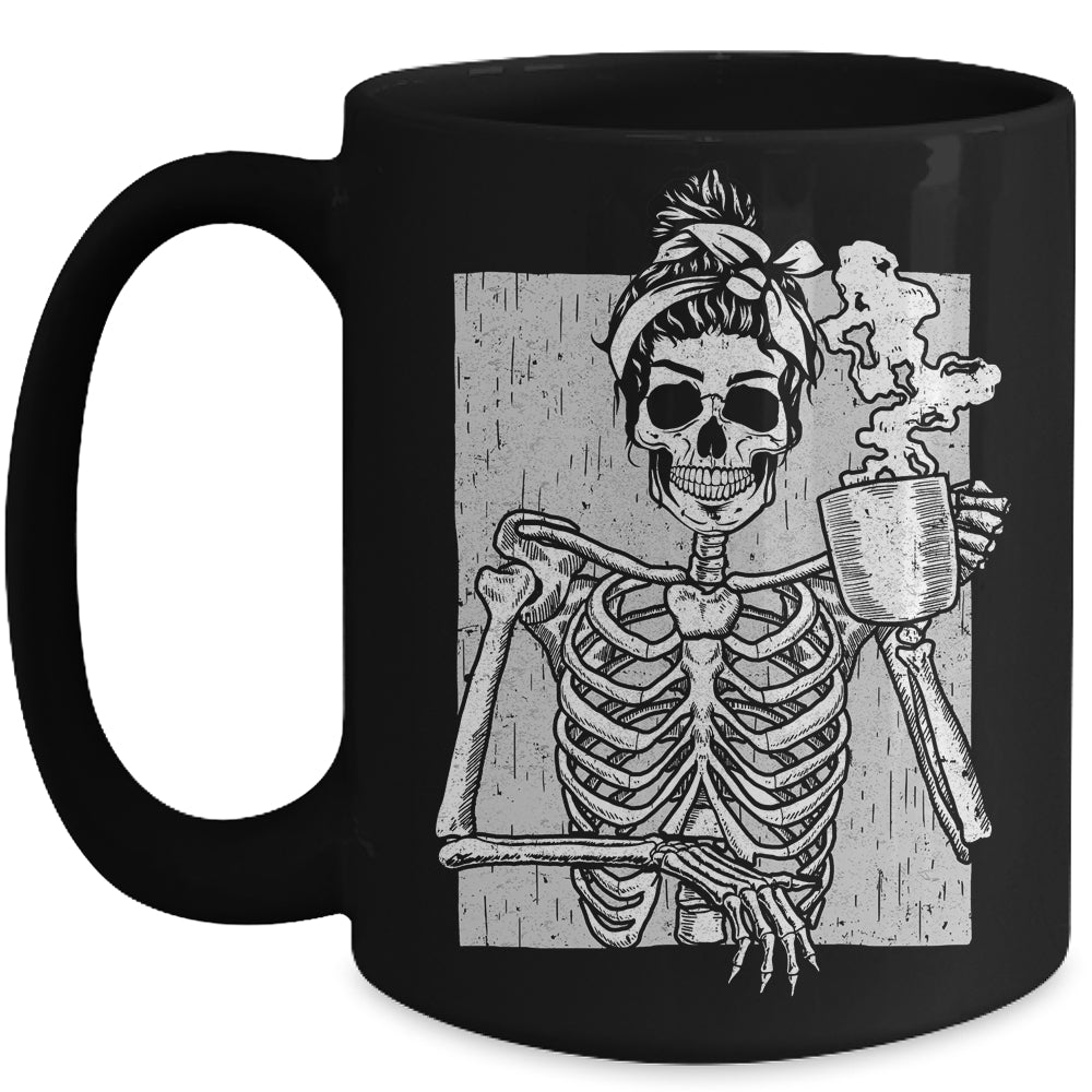 Skeleton Drinking Coffee Messy Bun Halloween Costume Women Mug | teecentury