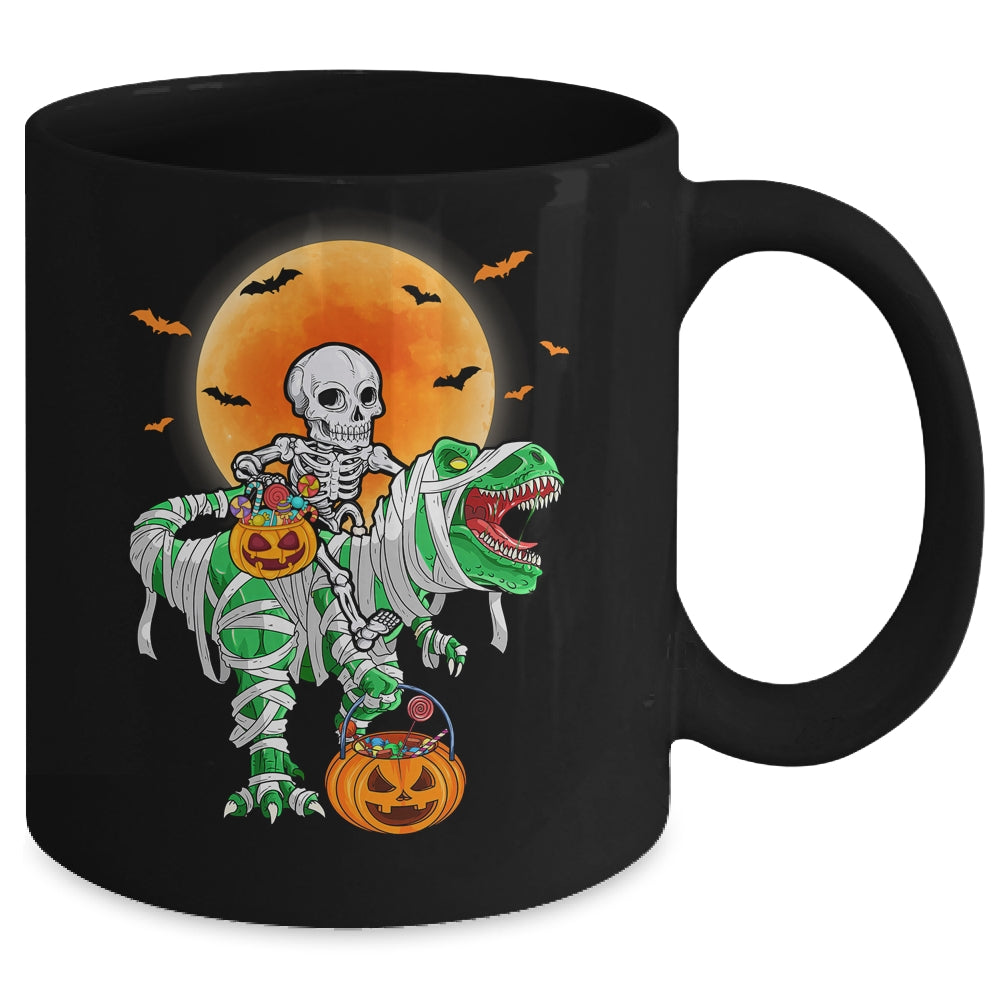 Skeleton Riding Mummy Dinosaur T Rex Halloween Funny Pumpkin Mug | teecentury