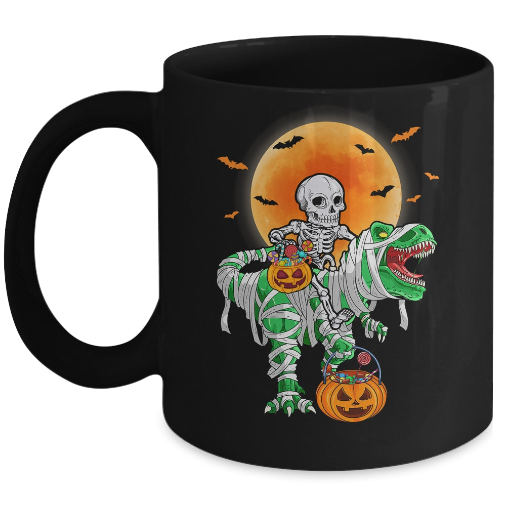 Skeleton Riding Mummy Dinosaur T Rex Halloween Funny Pumpkin Mug | teecentury