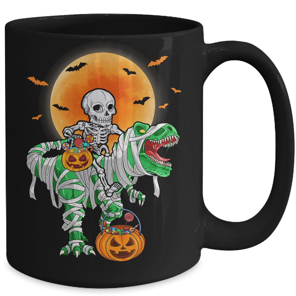 Skeleton Riding Mummy Dinosaur T Rex Halloween Funny Pumpkin Mug | teecentury