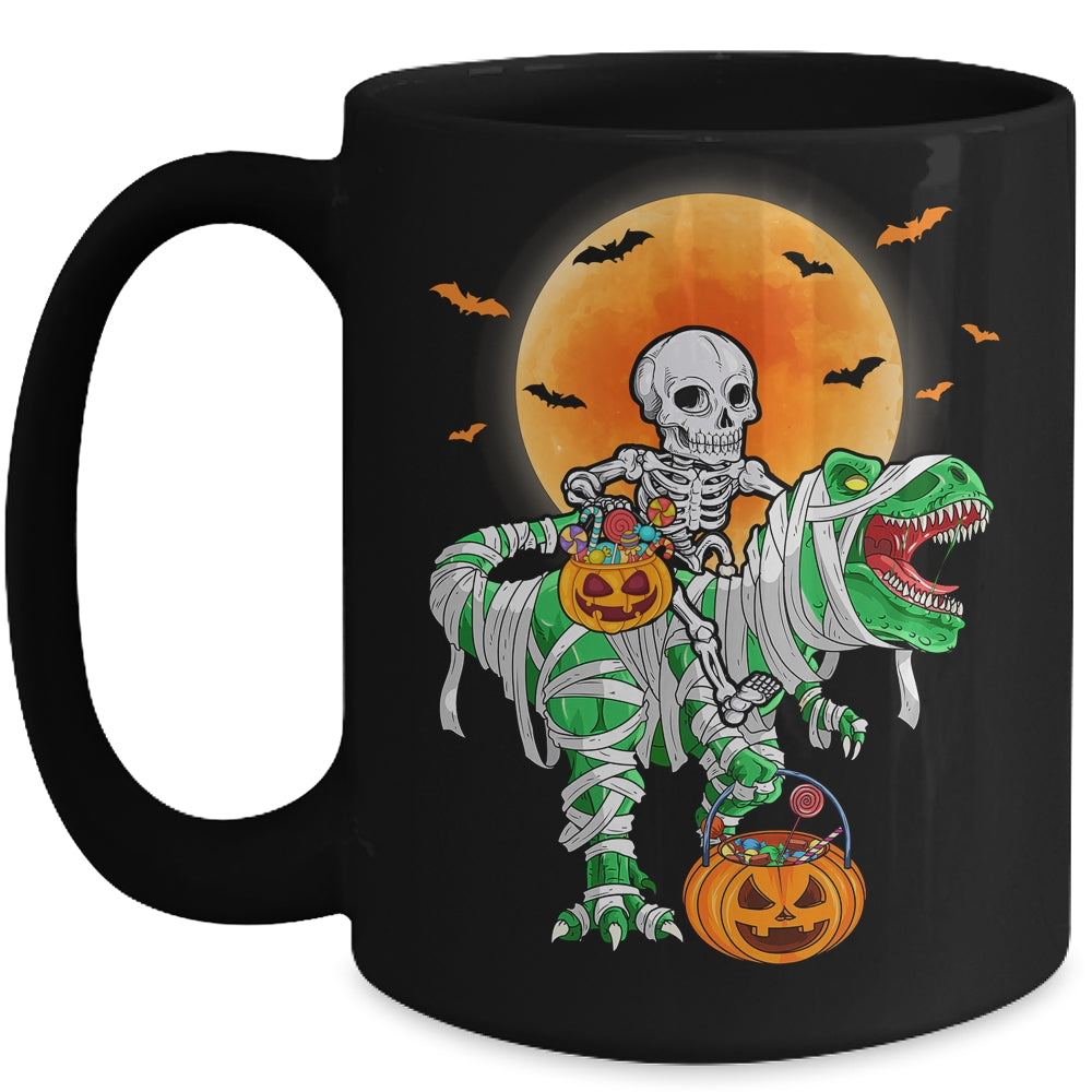 Skeleton Riding Mummy Dinosaur T Rex Halloween Funny Pumpkin Mug | teecentury
