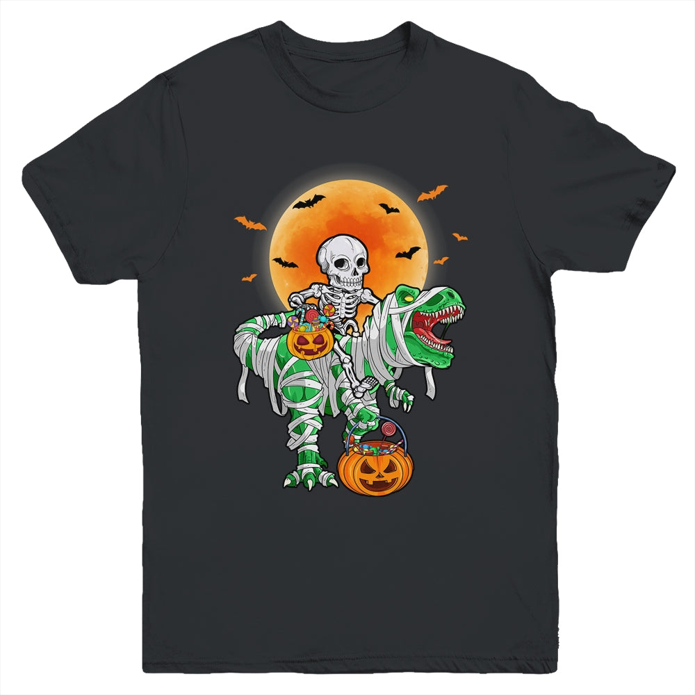 Skeleton Riding Mummy Dinosaur T Rex Halloween Funny Pumpkin Youth Shirt | teecentury