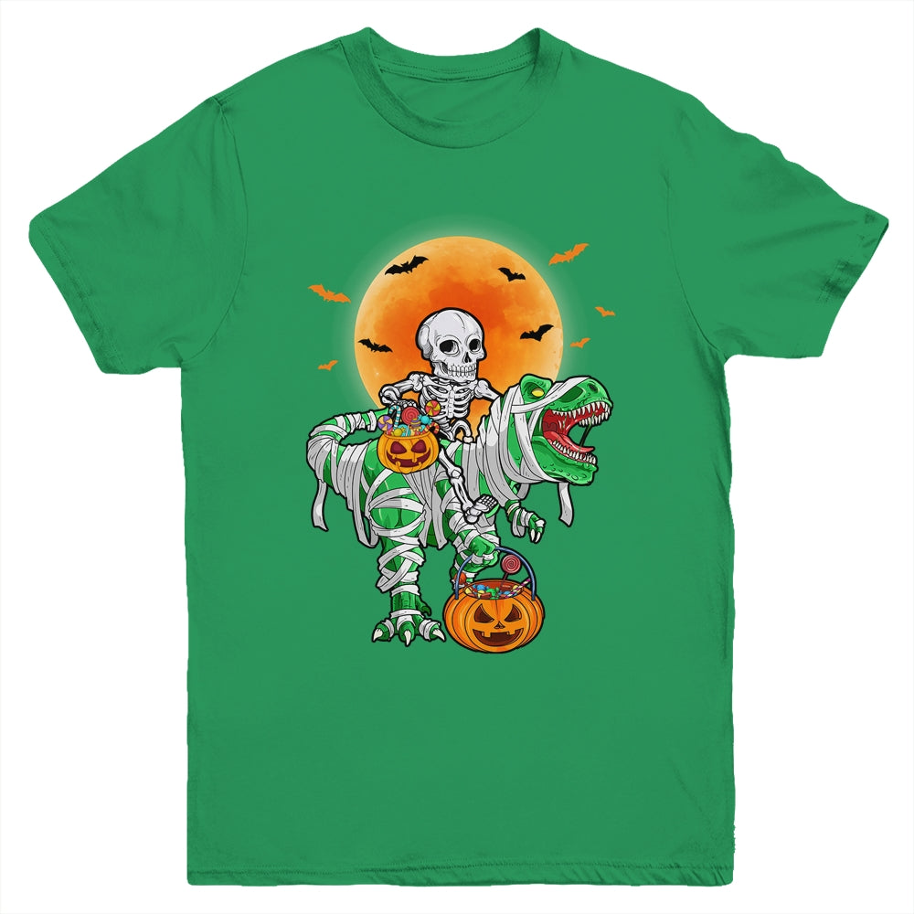 Skeleton Riding Mummy Dinosaur T Rex Halloween Funny Pumpkin Youth Shirt | teecentury