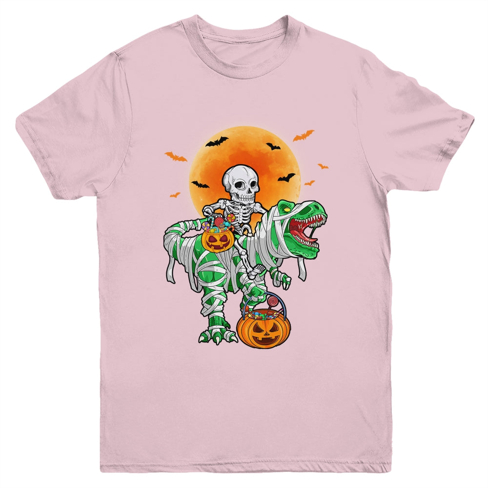 Skeleton Riding Mummy Dinosaur T Rex Halloween Funny Pumpkin Youth Shirt | teecentury