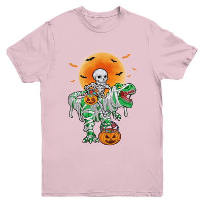 Skeleton Riding Mummy Dinosaur T Rex Halloween Funny Pumpkin Youth Shirt | teecentury