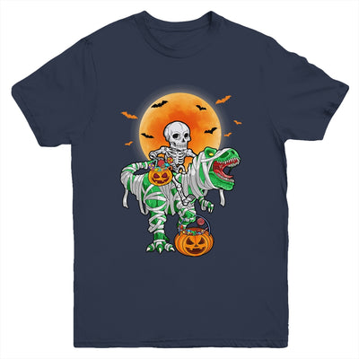 Skeleton Riding Mummy Dinosaur T Rex Halloween Funny Pumpkin Youth Shirt | teecentury