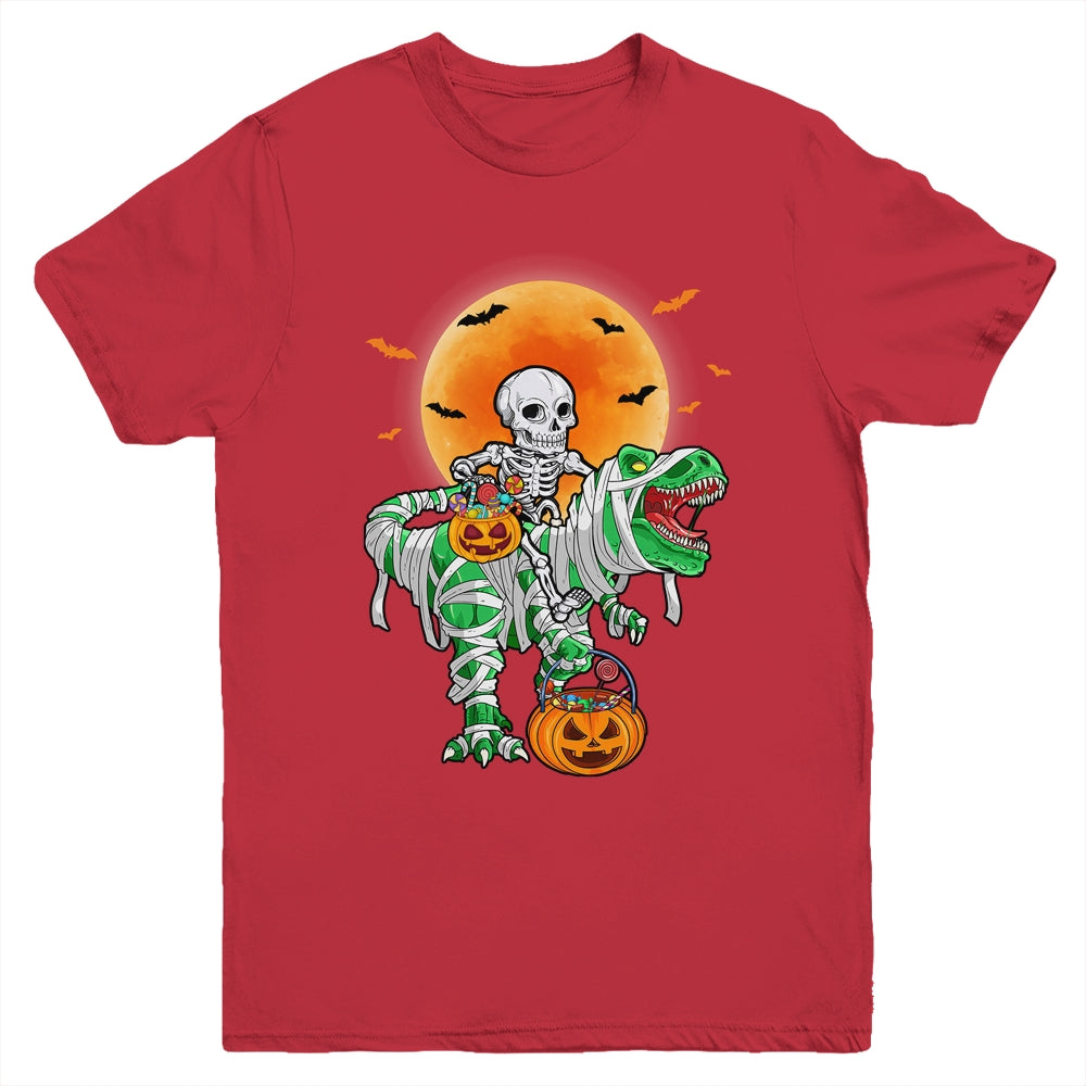 Skeleton Riding Mummy Dinosaur T Rex Halloween Funny Pumpkin Youth Shirt | teecentury