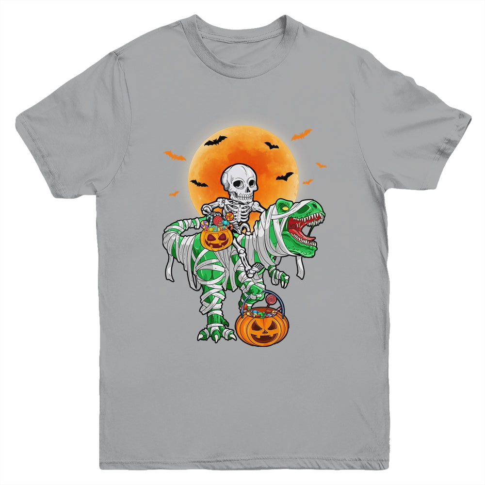 Skeleton Riding Mummy Dinosaur T Rex Halloween Funny Pumpkin Youth Shirt | teecentury