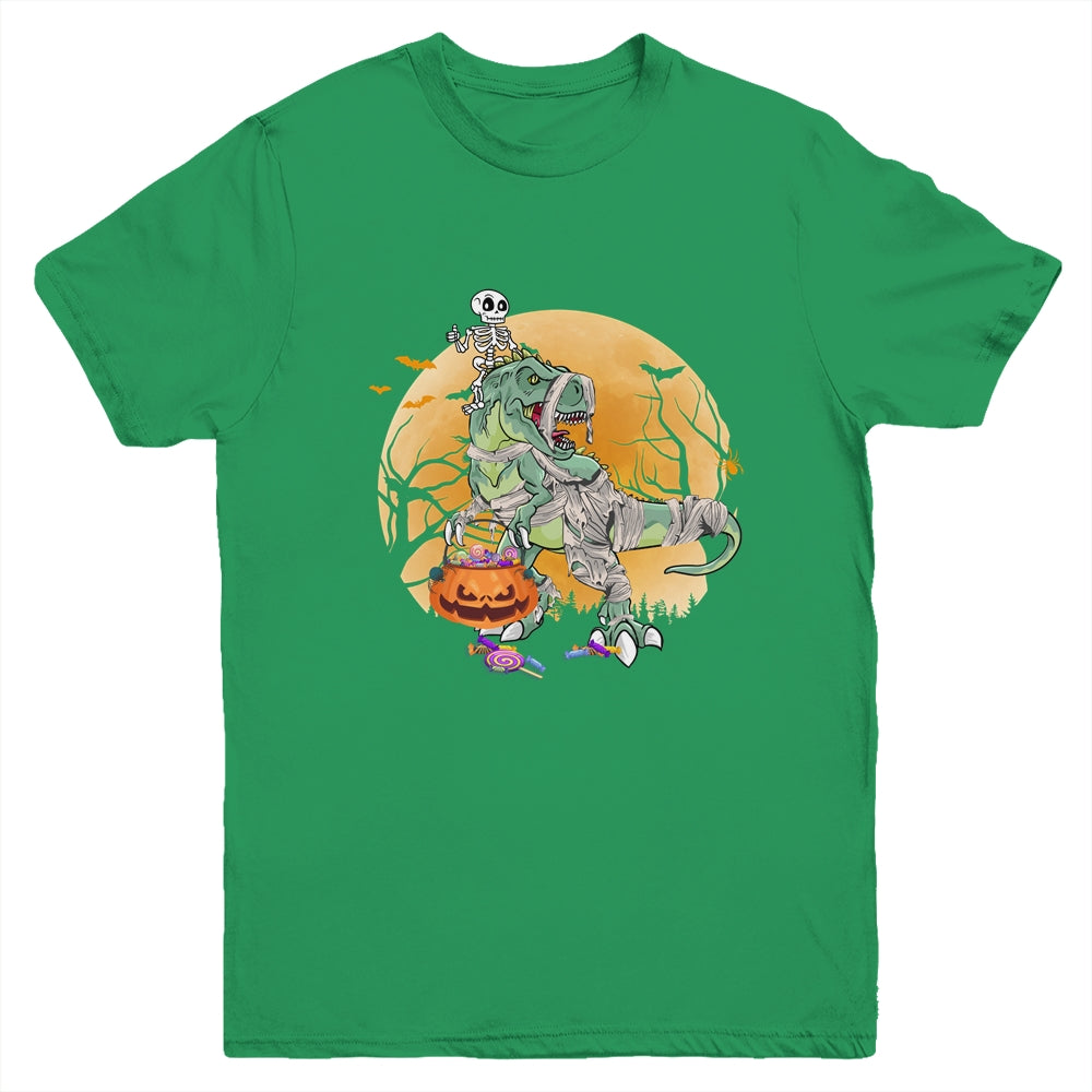 Skeleton Riding Mummy T Rex Halloween Boys Girls Kids Youth Youth Shirt | Teecentury.com