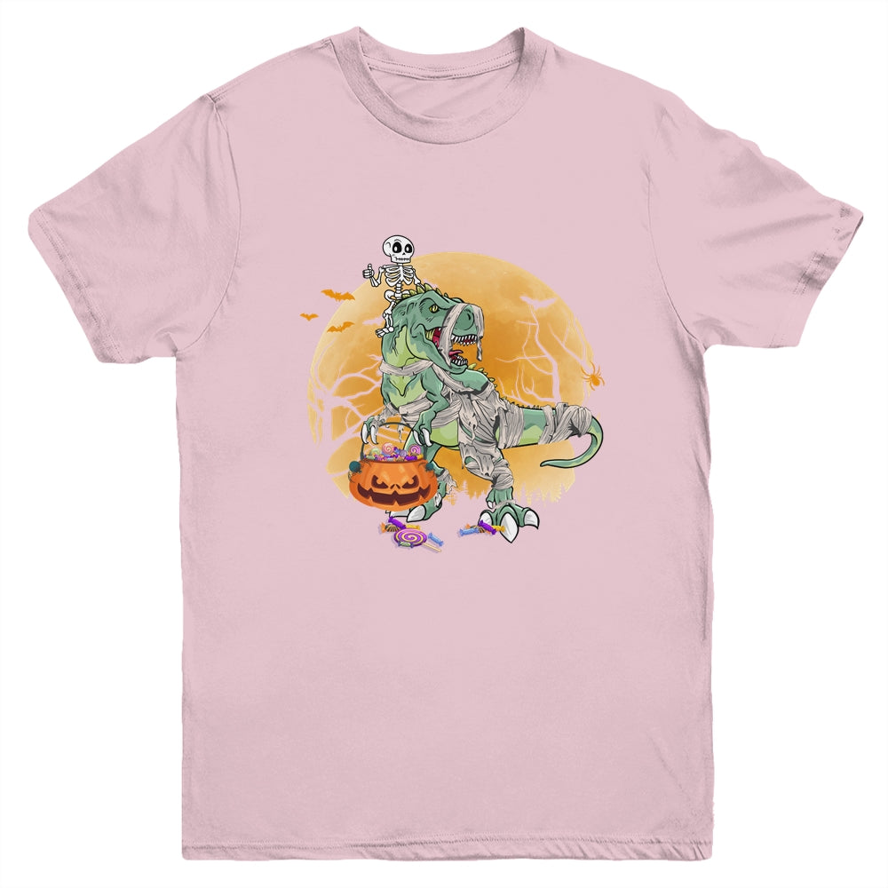 Skeleton Riding Mummy T Rex Halloween Boys Girls Kids Youth Youth Shirt | Teecentury.com