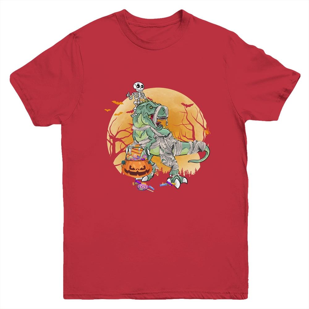 Skeleton Riding Mummy T Rex Halloween Boys Girls Kids Youth Youth Shirt | Teecentury.com
