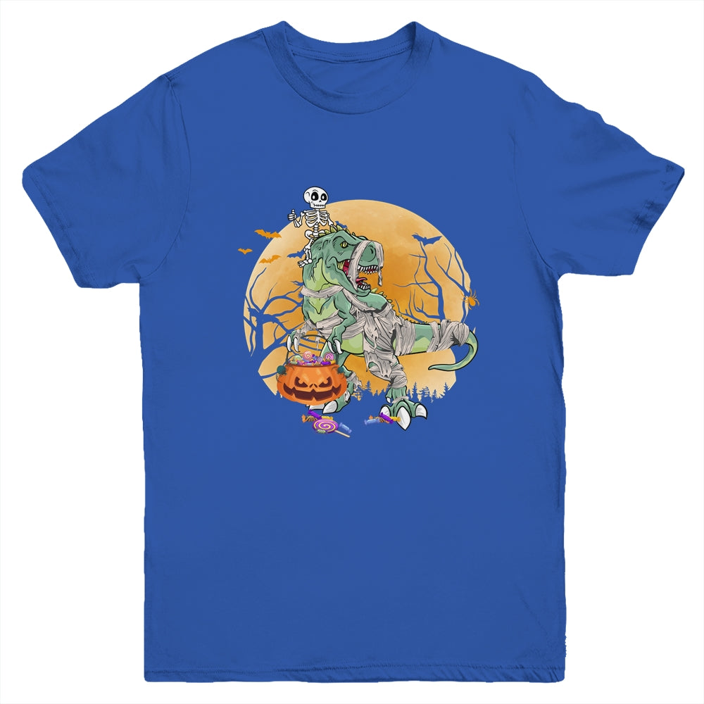 Skeleton Riding Mummy T Rex Halloween Boys Girls Kids Youth Youth Shirt | Teecentury.com