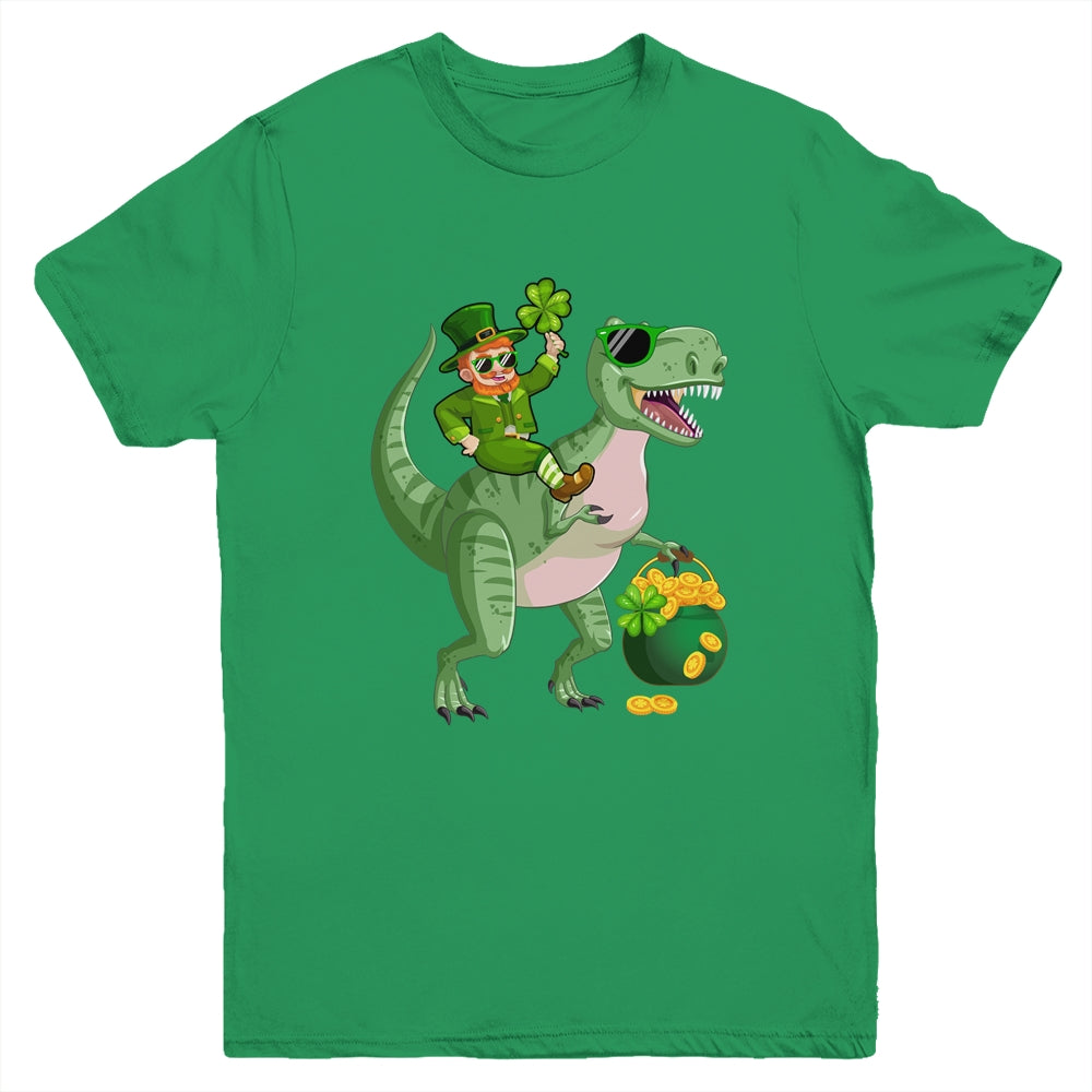 St Patricks Day Leprechaun Riding T Rex Funny Dino Boys Youth Shirt | teecentury