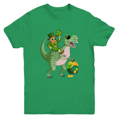 St Patricks Day Leprechaun Riding T Rex Funny Dino Boys Youth Shirt | teecentury