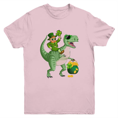 St Patricks Day Leprechaun Riding T Rex Funny Dino Boys Youth Shirt | teecentury