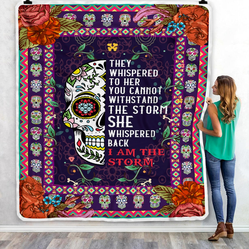 Sugar Candy Skull I Am The Storm Blanket Mexican Mexico Girls Women Birthday Christmas Fleece Blanket Blanket | Teecentury.com