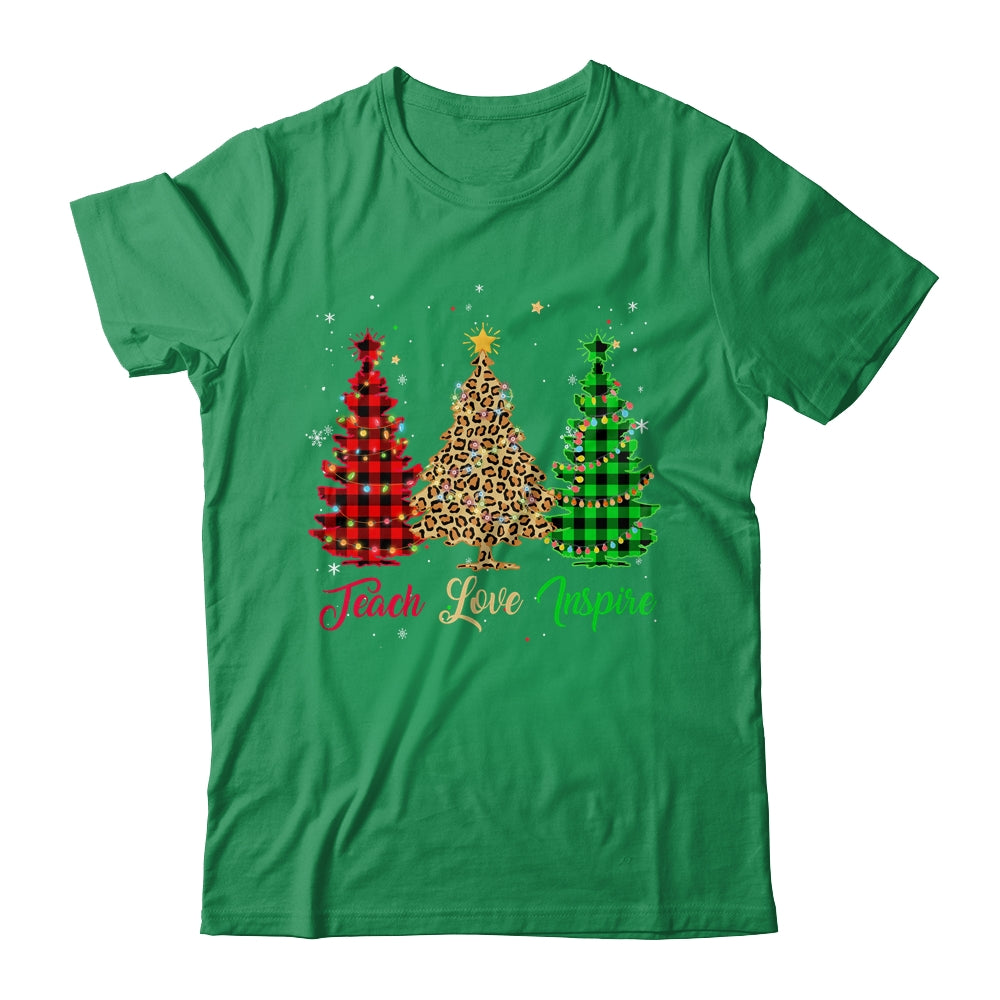 Teach Love Inspire Teacher Christmas Tree Red Plaid Leopard T-Shirt & Sweatshirt | Teecentury.com