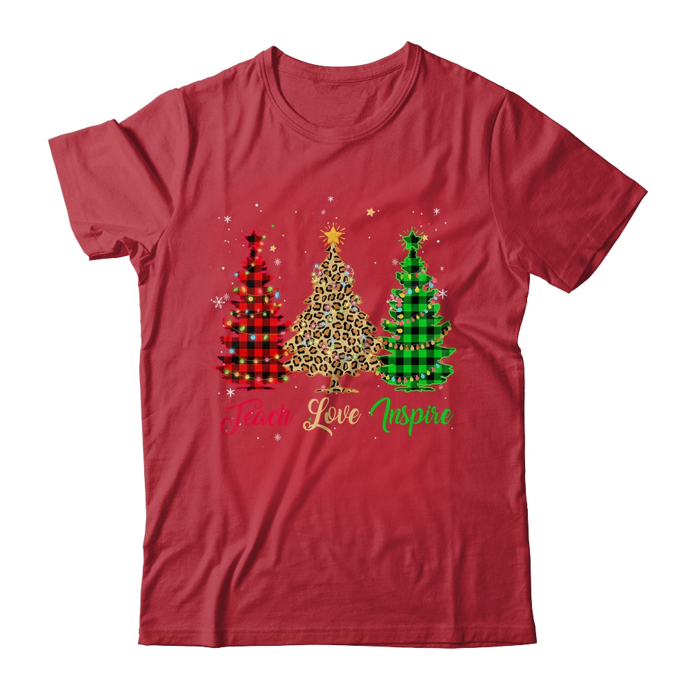 Teach Love Inspire Teacher Christmas Tree Red Plaid Leopard T-Shirt & Sweatshirt | Teecentury.com