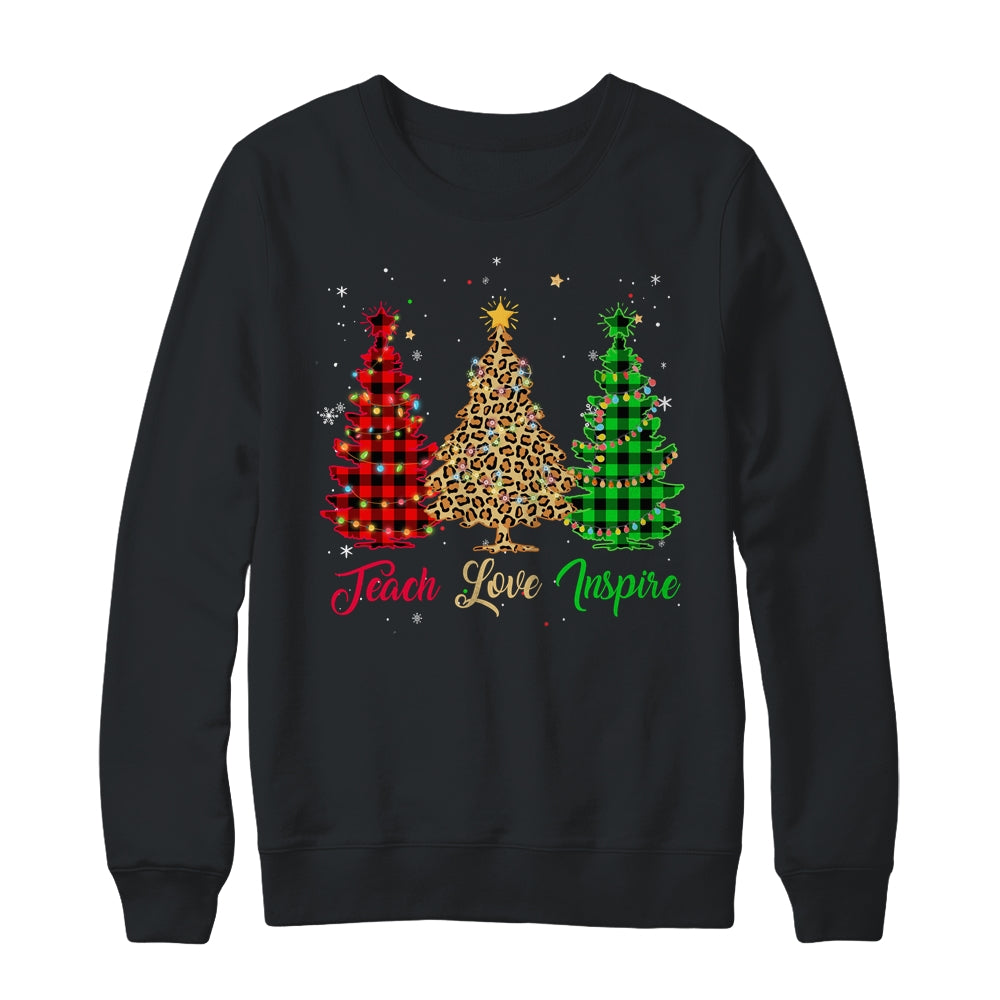 Teach Love Inspire Teacher Christmas Tree Red Plaid Leopard T-Shirt & Sweatshirt | Teecentury.com