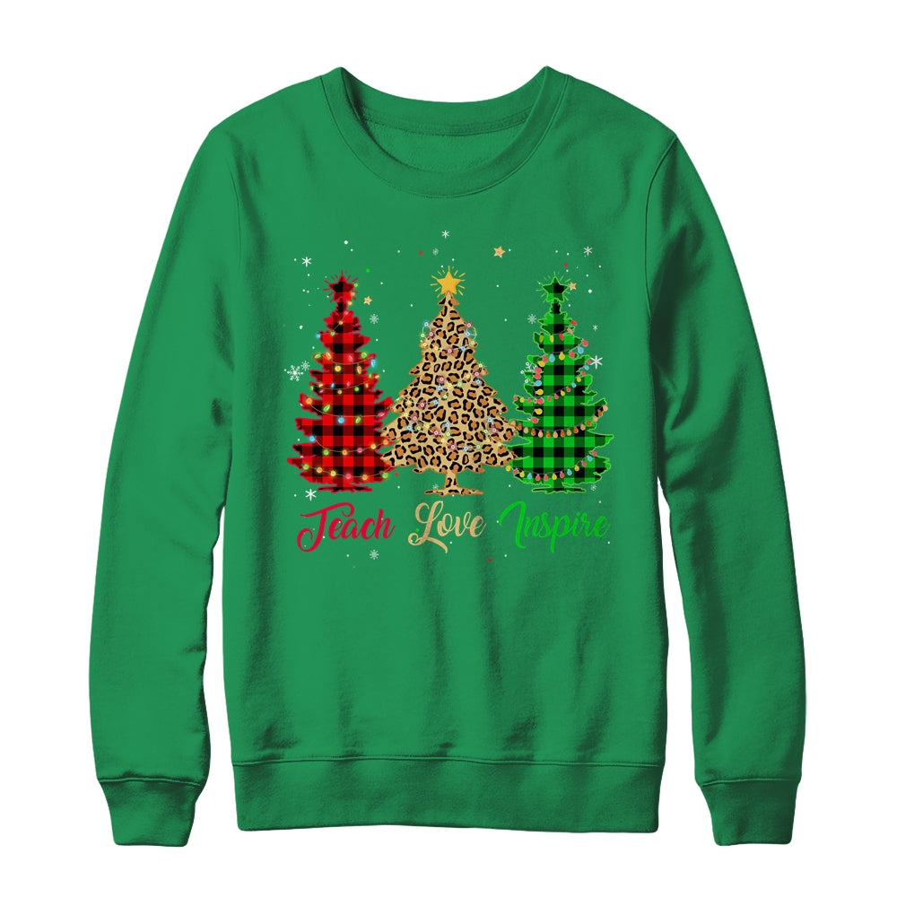 Teach Love Inspire Teacher Christmas Tree Red Plaid Leopard T-Shirt & Sweatshirt | Teecentury.com