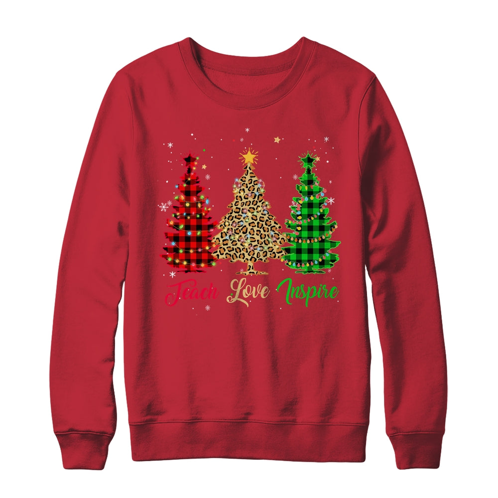 Teach Love Inspire Teacher Christmas Tree Red Plaid Leopard T-Shirt & Sweatshirt | Teecentury.com