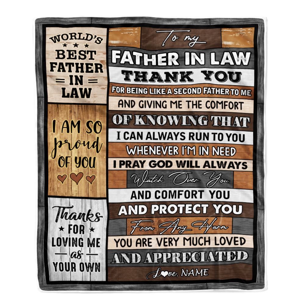 To My Father In Law Blanket From Daughter In Law Wood Thank You Like A Second Father For Fathers Day Birthday Christmas Customized Bed Fleece Throw Blanket | teecentury