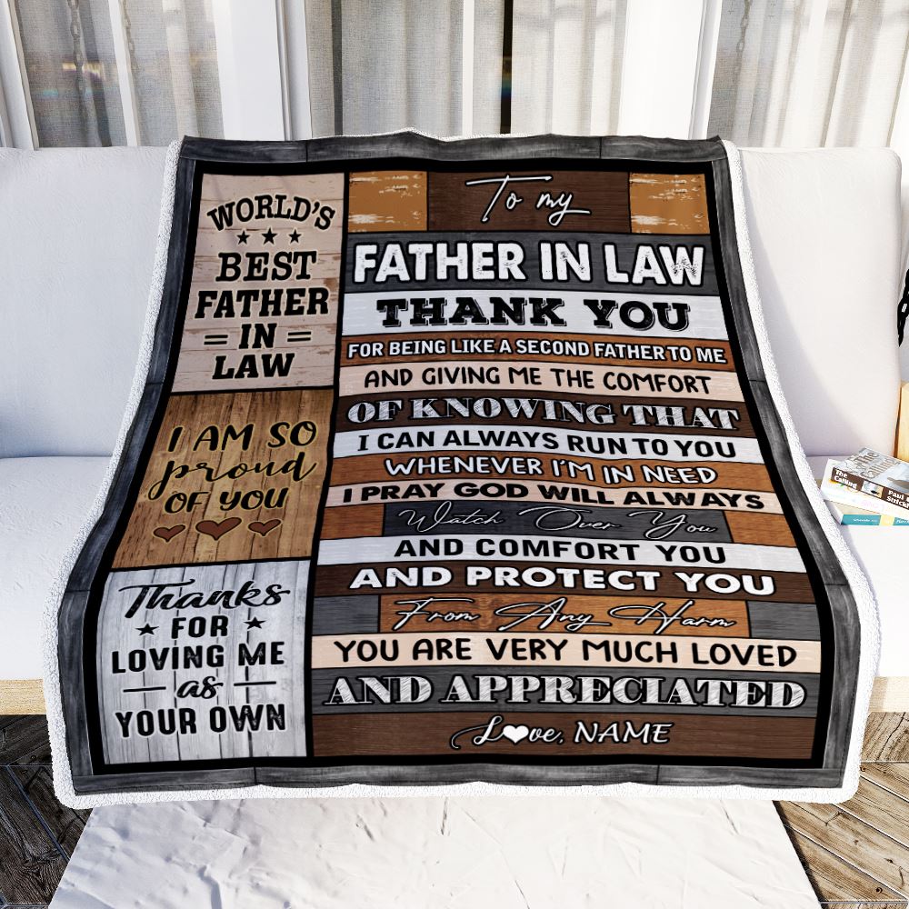 To My Father In Law Blanket From Daughter In Law Wood Thank You Like A Second Father For Fathers Day Birthday Christmas Customized Bed Fleece Throw Blanket | teecentury