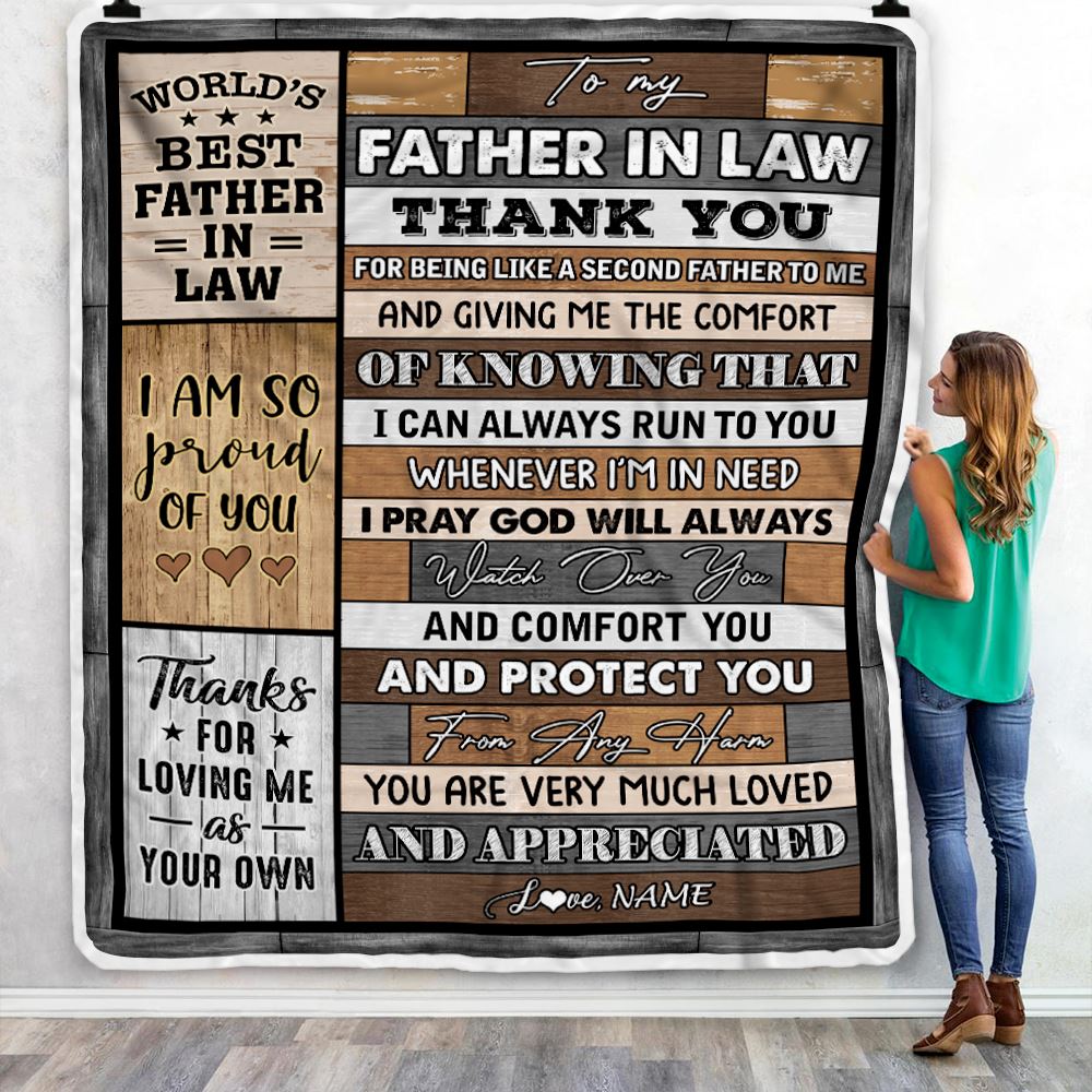 To My Father In Law Blanket From Daughter In Law Wood Thank You Like A Second Father For Fathers Day Birthday Christmas Customized Bed Fleece Throw Blanket | teecentury