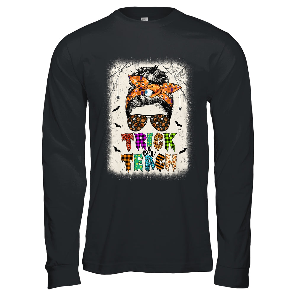 Trick Or Teach One Spooky Teacher Messy Bun Halloween Shirt & Hoodie | teecentury