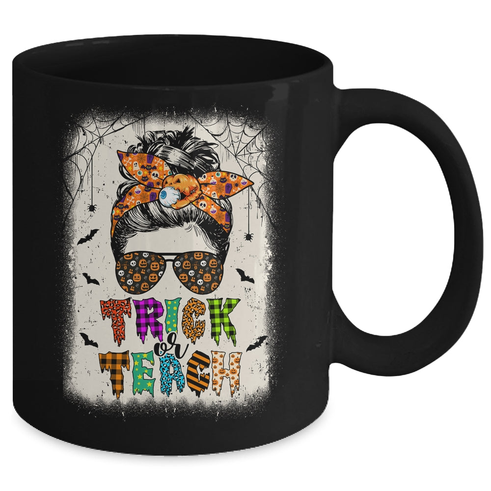 Trick Or Teach One Spooky Teacher Messy Bun Halloween Mug | teecentury