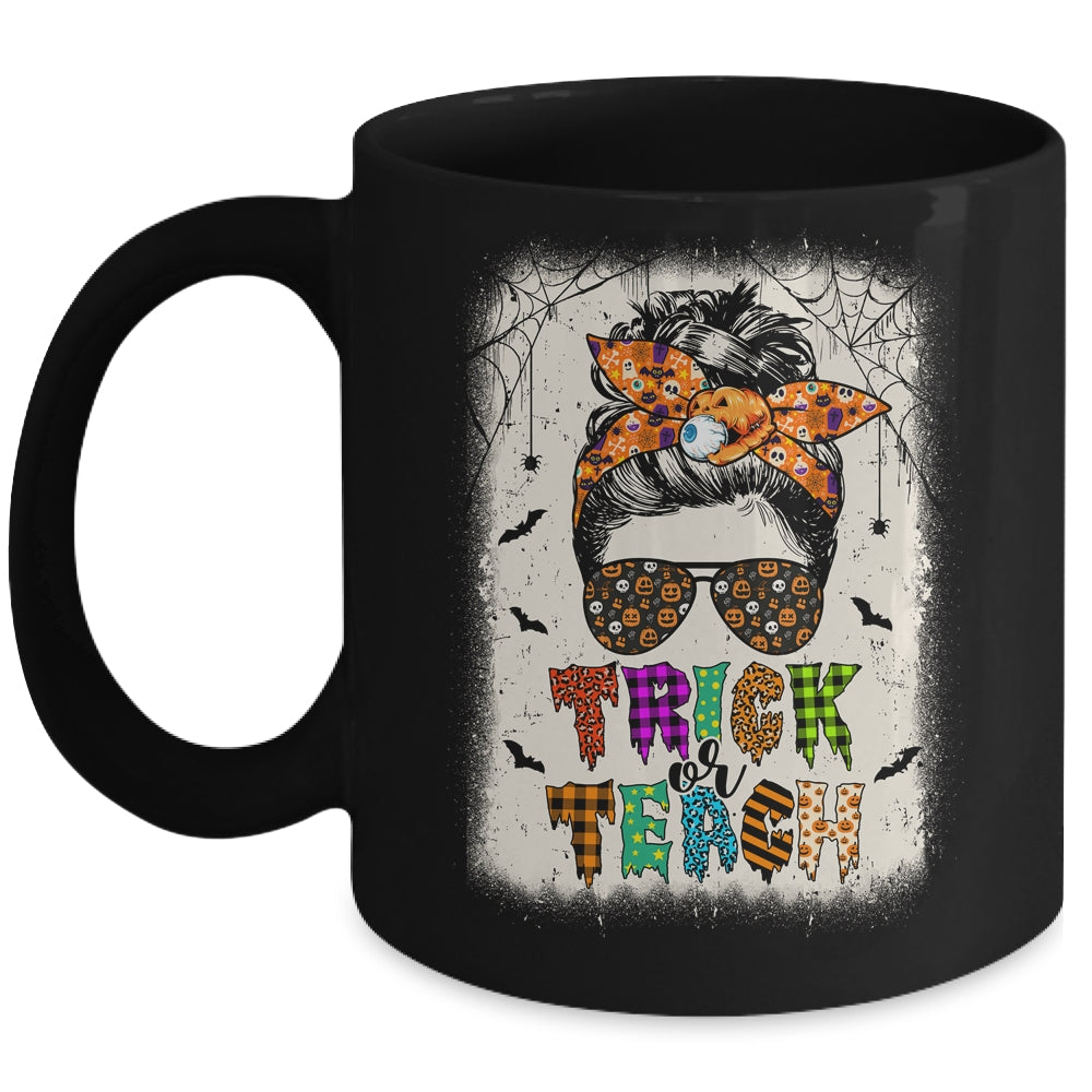 Trick Or Teach One Spooky Teacher Messy Bun Halloween Mug | teecentury