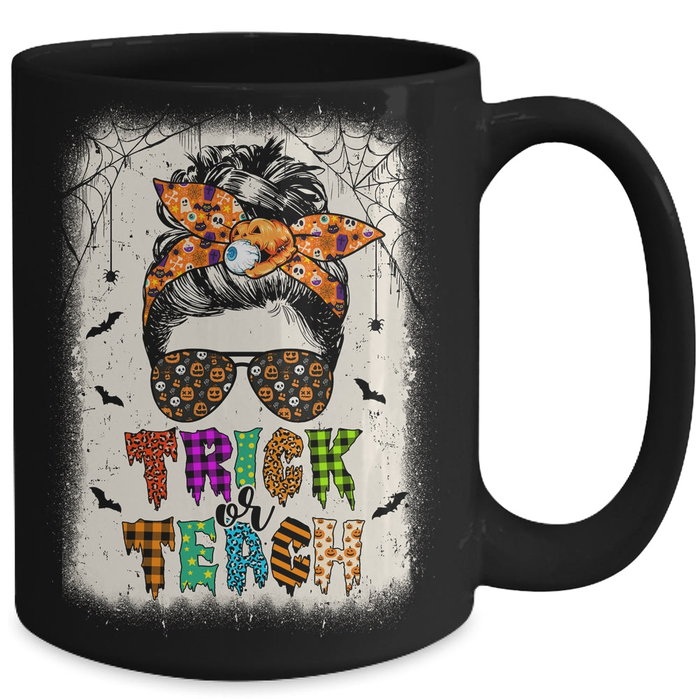 Trick Or Teach One Spooky Teacher Messy Bun Halloween Mug | teecentury