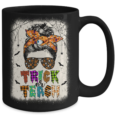 Trick Or Teach One Spooky Teacher Messy Bun Halloween Mug | teecentury