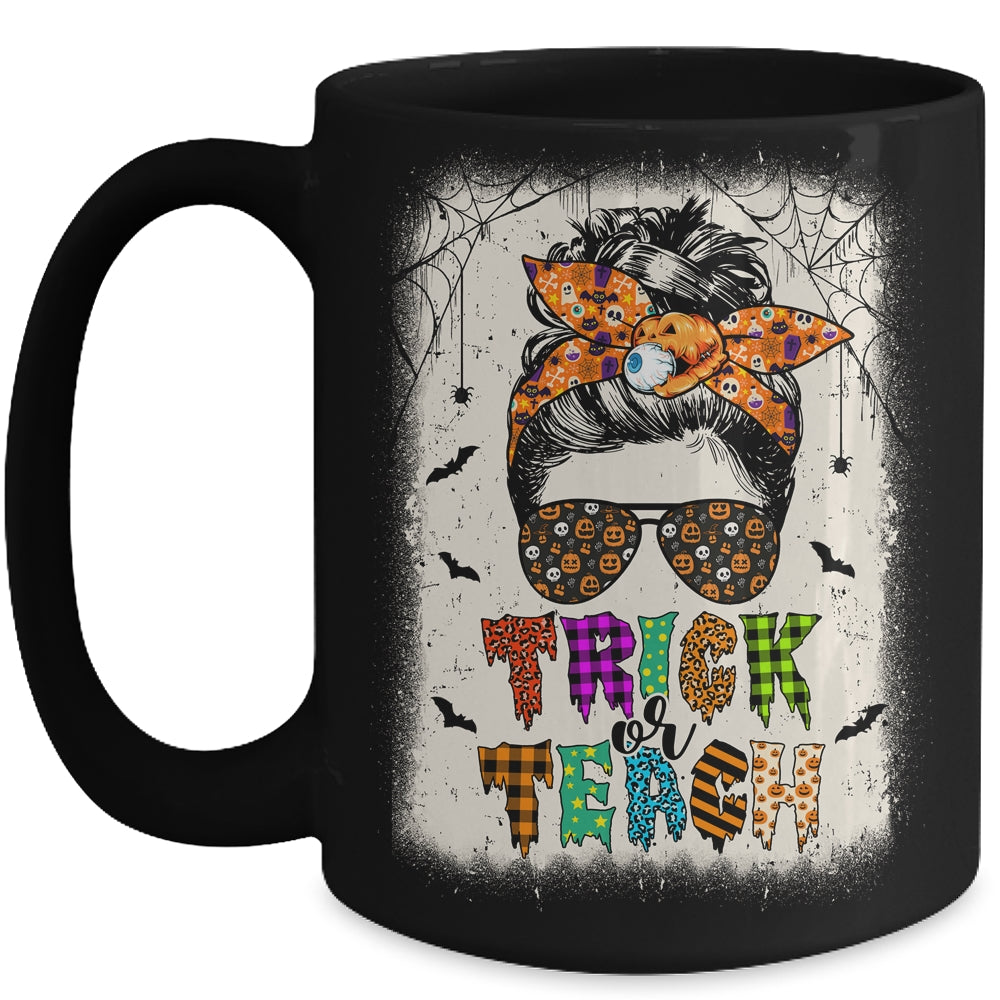 Trick Or Teach One Spooky Teacher Messy Bun Halloween Mug | teecentury