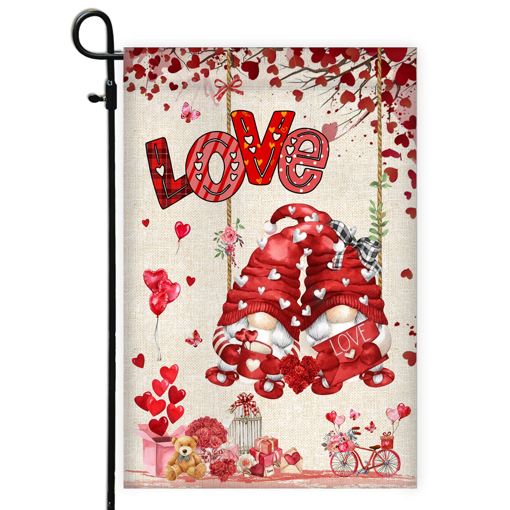 Valentines House Flag Gnomes and Swing Happy Valentine's Day House Flag | Teecentury.com