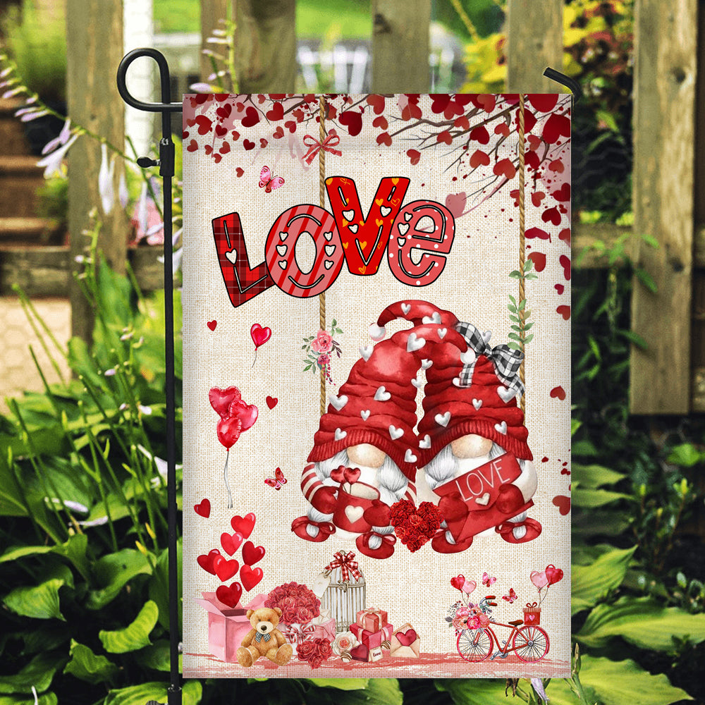 Valentines House Flag Gnomes and Swing Happy Valentine's Day House Flag | Teecentury.com
