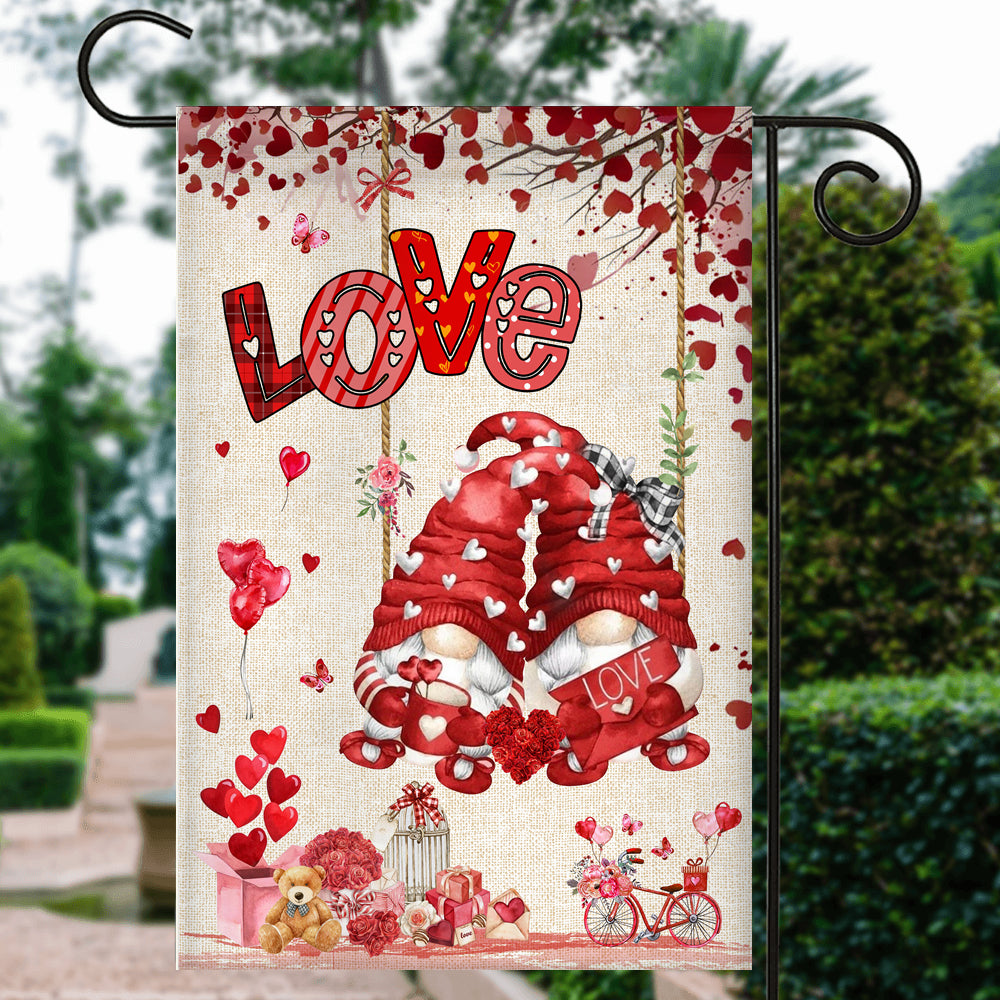Valentines House Flag Gnomes and Swing Happy Valentine's Day House Flag | Teecentury.com