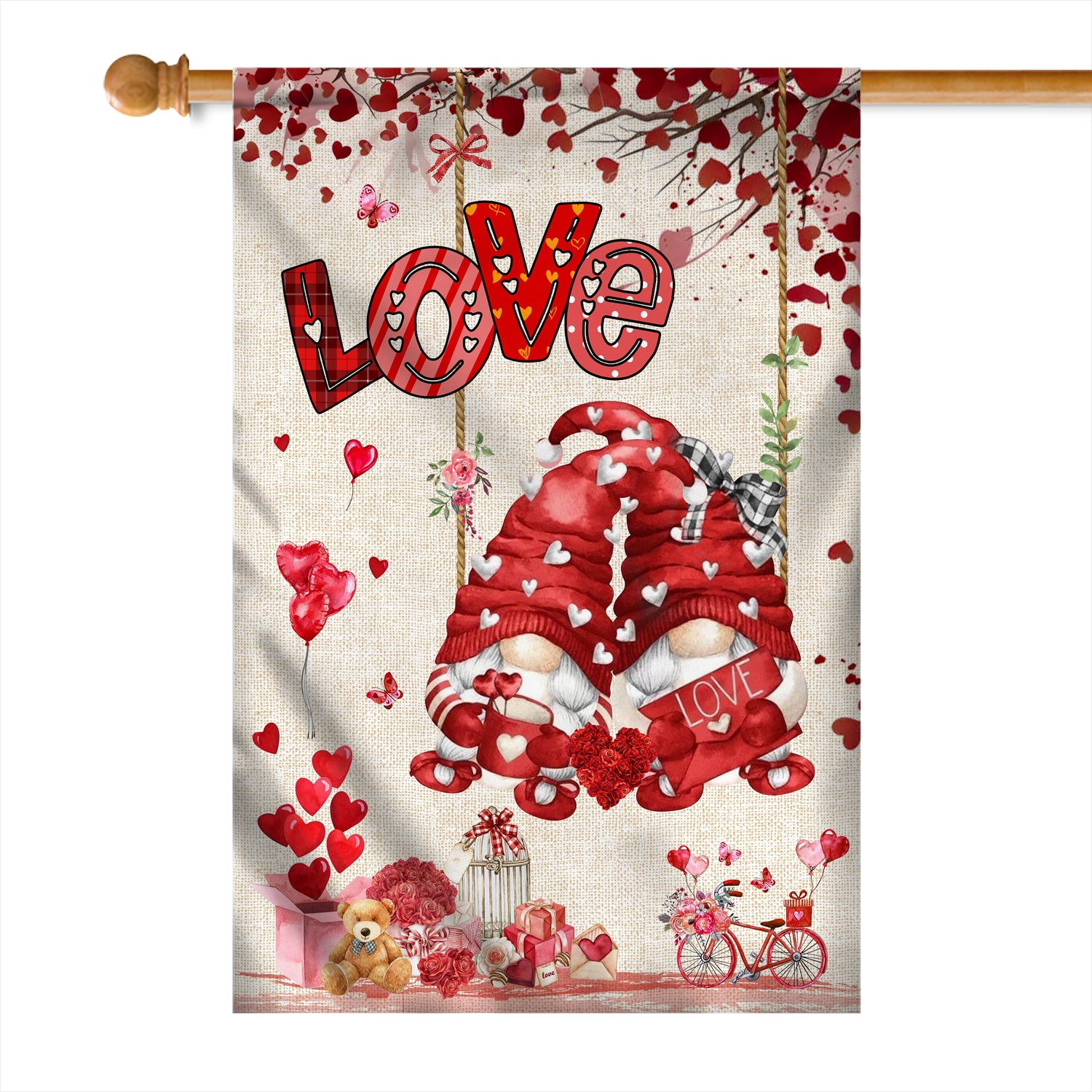 Valentines House Flag Gnomes and Swing Happy Valentine's Day House Flag | Teecentury.com
