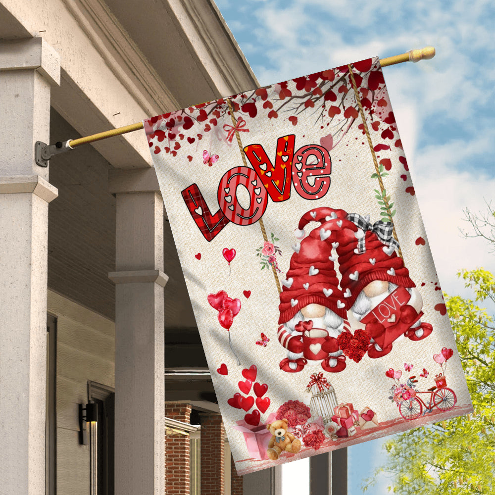 Valentines House Flag Gnomes and Swing Happy Valentine's Day House Flag | Teecentury.com
