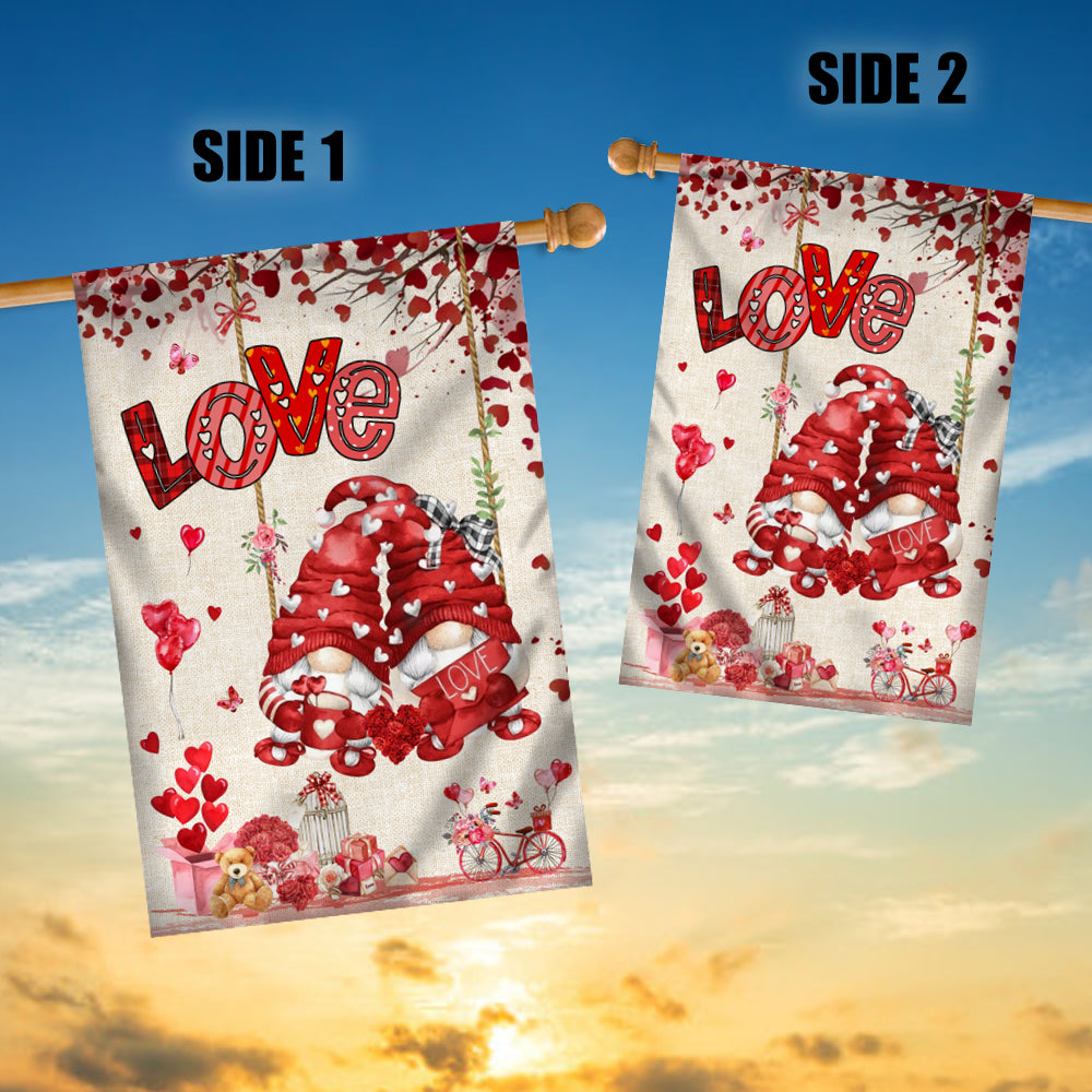 Valentines House Flag Gnomes and Swing Happy Valentine's Day House Flag | Teecentury.com