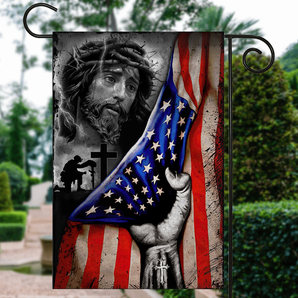 Veteran Stand For The Flag Kneel For The Cross Jesus American Flag Flag | Teecentury.com