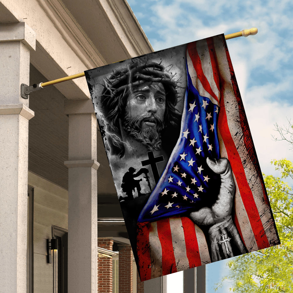 Veteran Stand For The Flag Kneel For The Cross Jesus American Flag Flag | Teecentury.com