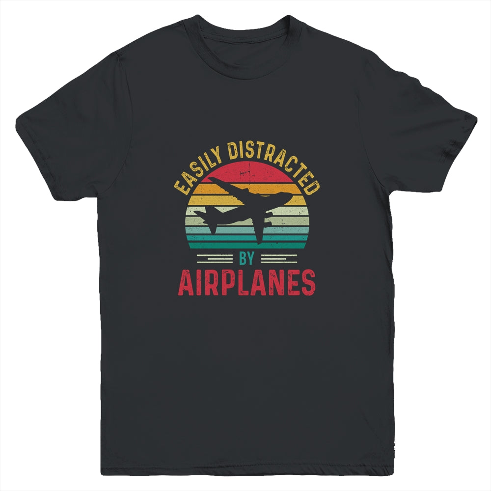 Vintage Easily Distracted By Airplanes Funny Pilot Flying Youth Youth Shirt | Teecentury.com