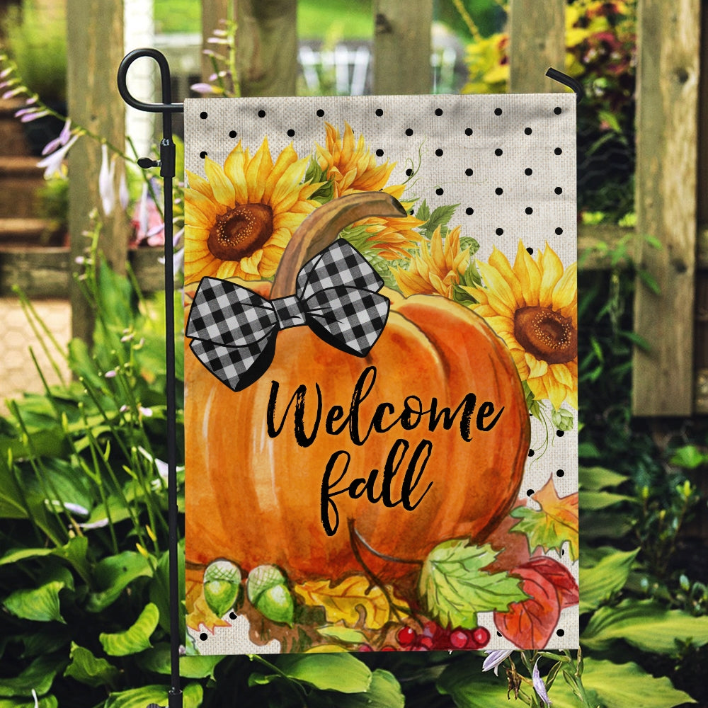 Welcome Fall Pumpkin Bow Flag Vertical Sunflower Seasonal Autumn Flag | Teecentury.com