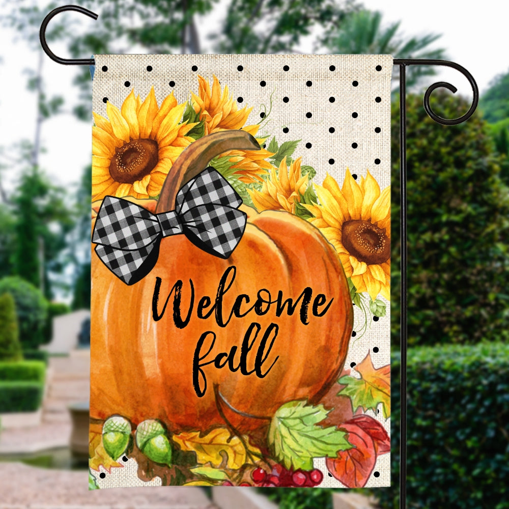 Welcome Fall Pumpkin Bow Flag Vertical Sunflower Seasonal Autumn Flag | Teecentury.com