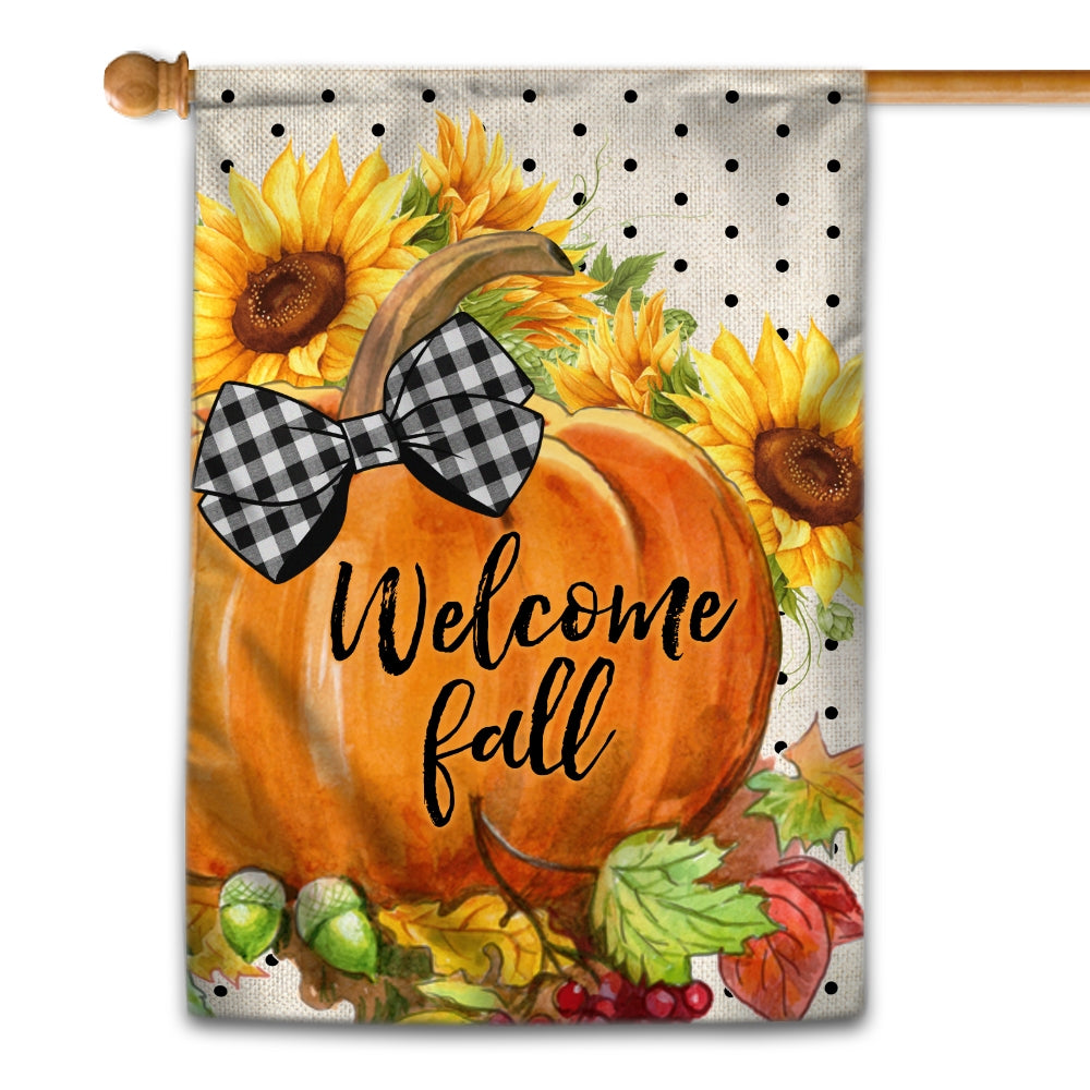 Welcome Fall Pumpkin Bow Flag Vertical Sunflower Seasonal Autumn Flag | Teecentury.com