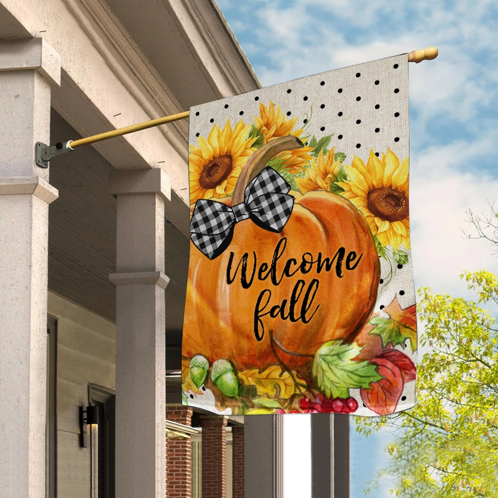 Welcome Fall Pumpkin Bow Flag Vertical Sunflower Seasonal Autumn Flag | Teecentury.com