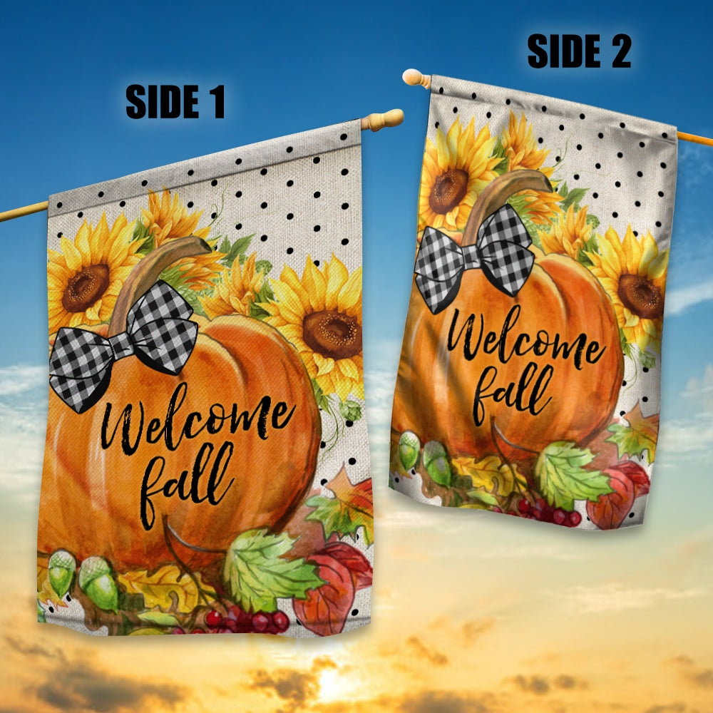 Welcome Fall Pumpkin Bow Flag Vertical Sunflower Seasonal Autumn Flag | Teecentury.com