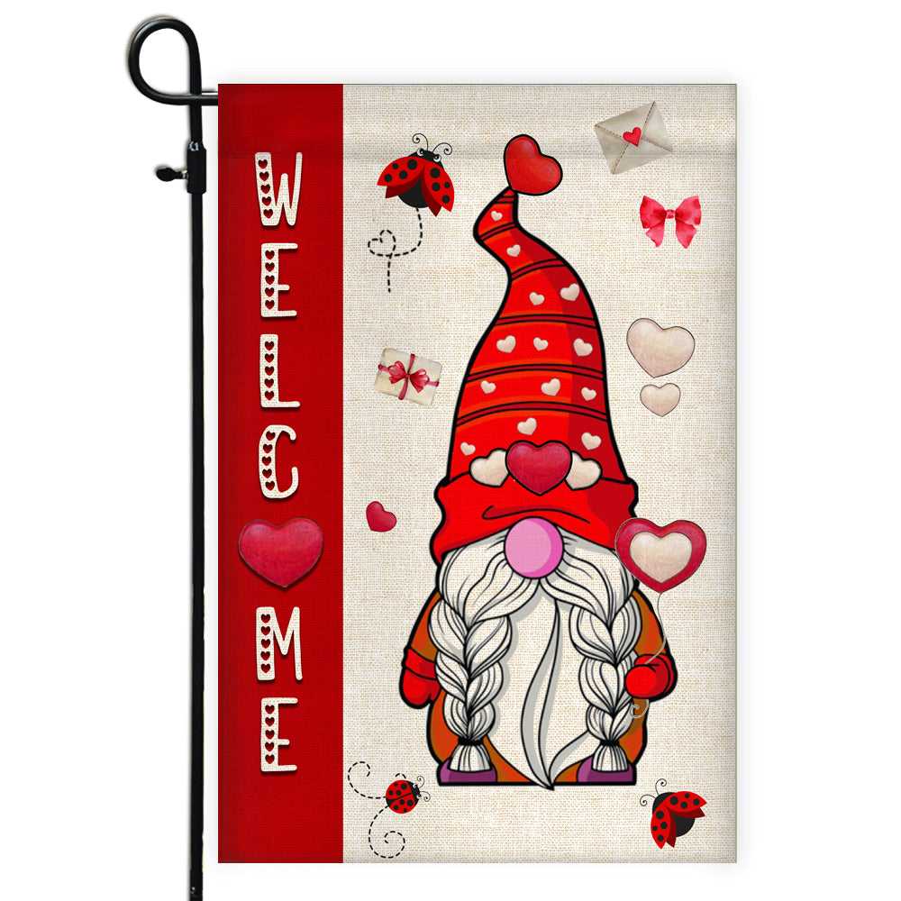 Welcome Gnome Valentine's Day Flag Love Heart Rustic Farmhouse Flag | Teecentury.com