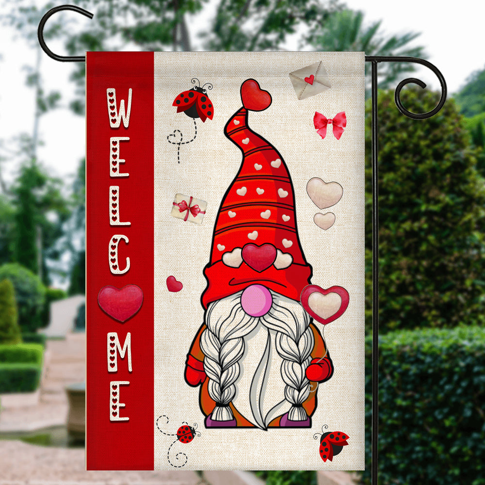 Welcome Gnome Valentine's Day Flag Love Heart Rustic Farmhouse Flag | Teecentury.com